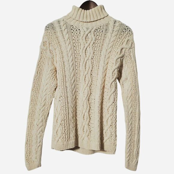 Yorkshire Knitting Sweater Womens Large Cream Cable Knit Fisherman Turtle Neck - Picture 1 of 9